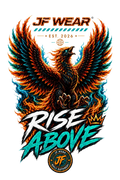 A vibrant graphic design featuring a stylized phoenix with fiery orange and teal feathers, set against a white background with the text 'JF WEAR', 'EST. 2026', 'RISE ABOVE', and a circular 'JF WEAR' logo at the bottom.
