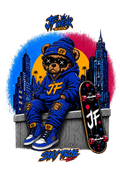A stylized graphic illustration of a teddy bear wearing a blue beanie with 'JF' and sunglasses, seated on a ledge with a skateboard beside it. The background features a blue and red city skyline with a yellow sun, and the text 'JF WEAR' at the top and 'STAY TRUE' at the bottom.