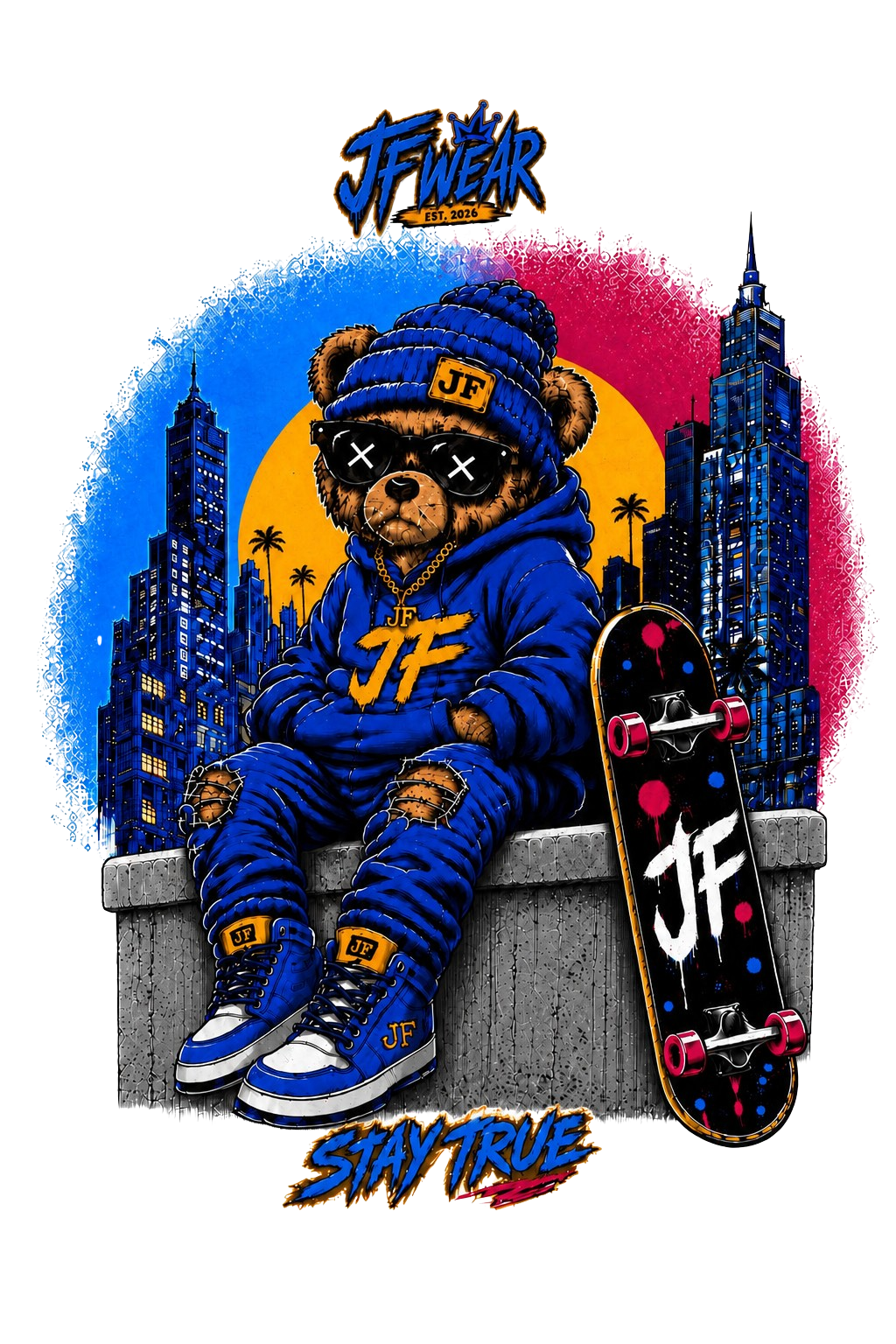 A stylized graphic illustration of a teddy bear wearing a blue beanie with 'JF' and sunglasses, seated on a ledge with a skateboard beside it. The background features a blue and red city skyline with a yellow sun, and the text 'JF WEAR' at the top and 'STAY TRUE' at the bottom.