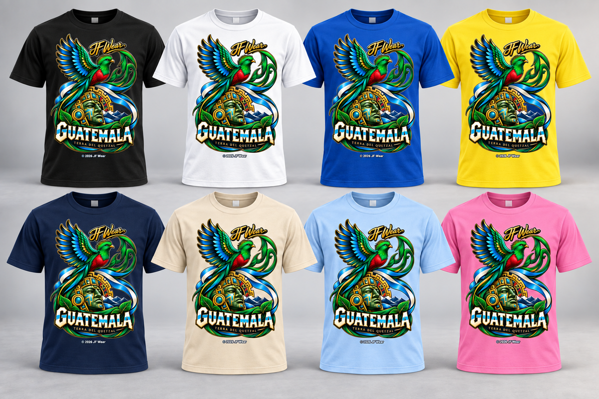Eight short-sleeve graphic T-shirts arranged in two rows on a light gray background. Each shirt shows a large colorful parrot illustration with the words 'It's All About Guatemala' and 'Guatemala City, Guatemala' printed below.