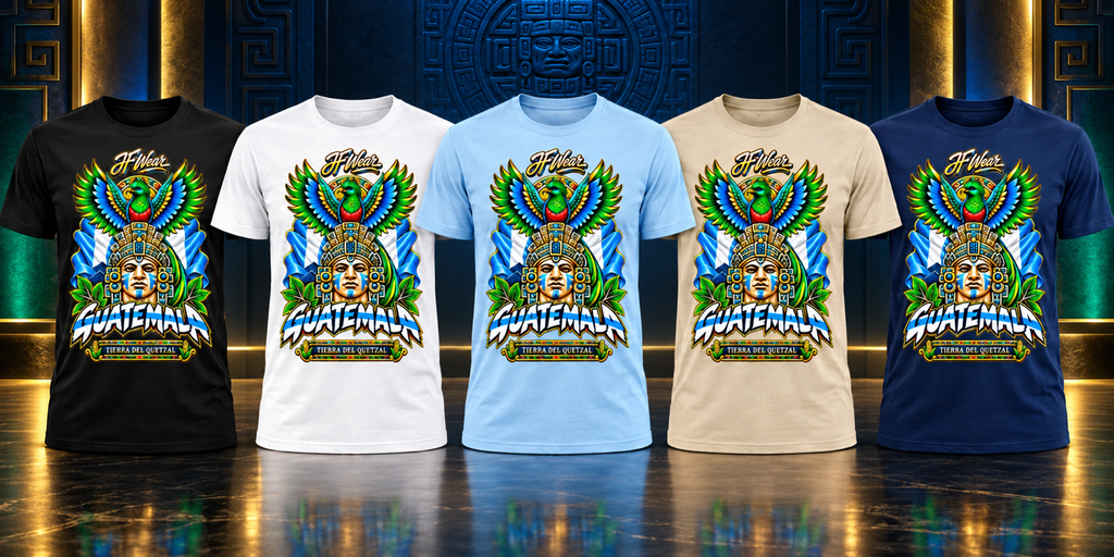 Five short-sleeve graphic T-shirts shown side by side in different colors: black, white, light blue, beige, and navy. Each shirt features a large colorful front graphic with a stylized face, feathered headdress, and bold text reading 'Fidel' and 'Guatemala'.