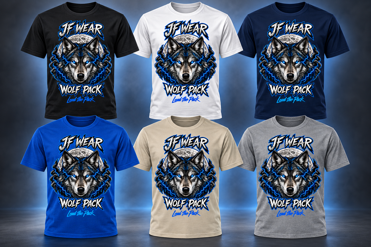 Six short-sleeve graphic T-shirts shown in different base colors: black, white, navy, bright blue, beige, and heather gray. Each shirt features a large wolf head graphic with blue and gray details, the text 'JF WEAR' at the top, and 'WOLF PACK' with 'Live the Pack' below.