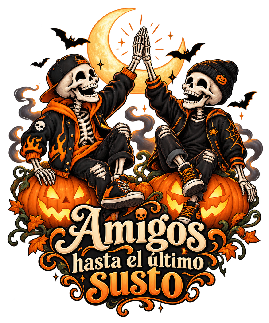 A festive Halloween graphic featuring two cartoon skeletons sitting on jack-o'-lantern pumpkins and raising their hands in a high-five. Above them is a glowing crescent moon with stars, and the Spanish text 'Amigos hasta el ultimo Susto' is written in ornate decorative lettering at the bottom.