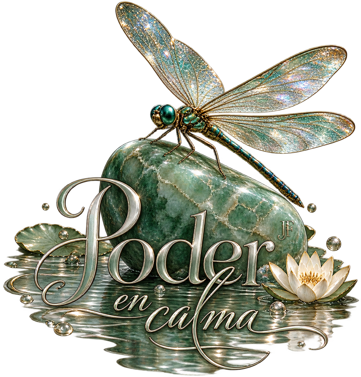 A decorative graphic featuring a glittery dragonfly perched on a green stone above the Spanish phrase 'Poder en calma' in metallic script, with a white lotus flower, water droplets, and reflections on a white background.