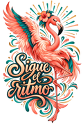 Vibrant graphic illustration of a flamingo with one wing raised, surrounded by colorful retro-style decorative swirls and the Spanish text 'Sigue el Ritmo' in large stylized lettering. The flamingo is pink with teal and peach feather accents, and the artwork fills most of the frame on a white background.