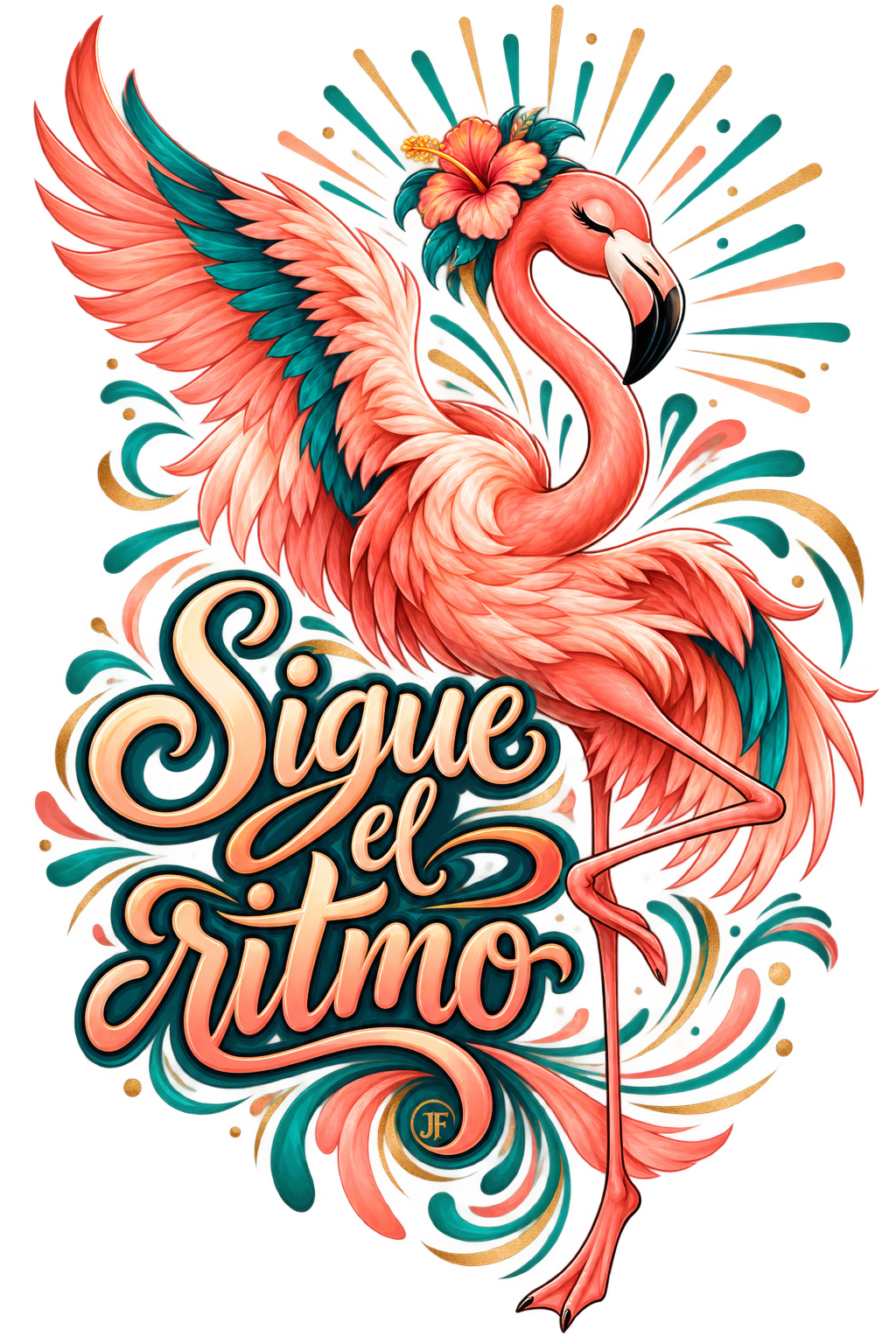 Vibrant graphic illustration of a flamingo with one wing raised, surrounded by colorful retro-style decorative swirls and the Spanish text 'Sigue el Ritmo' in large stylized lettering. The flamingo is pink with teal and peach feather accents, and the artwork fills most of the frame on a white background.