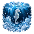 A square graphic design featuring a white seahorse swimming underwater among icy blue crystals and broken ice, with sunbeams filtering through the water. The design is centered on a white background with a decorative blue border.