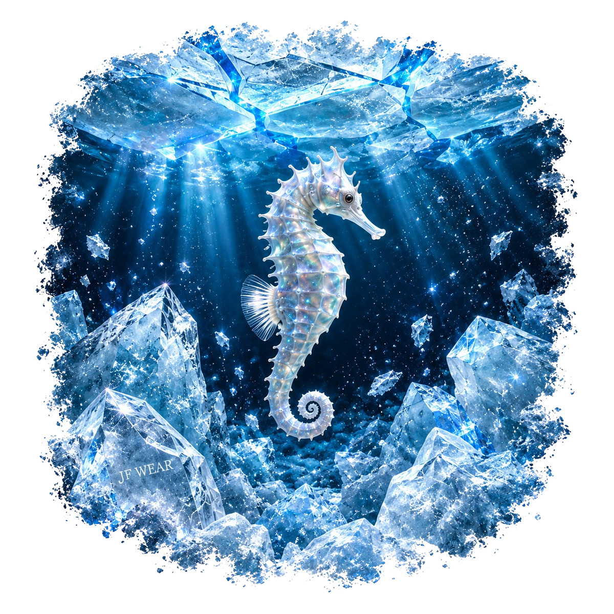 A square graphic design featuring a white seahorse swimming underwater among icy blue crystals and broken ice, with sunbeams filtering through the water. The design is centered on a white background with a decorative blue border.
