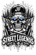 Black and white street art graphic featuring a skull wearing a baseball cap with 'JF' on it, blue glowing eyes, wings, spray cans, crossed pipes, dripping paint effects, and the text 'Street Legends' at the bottom.