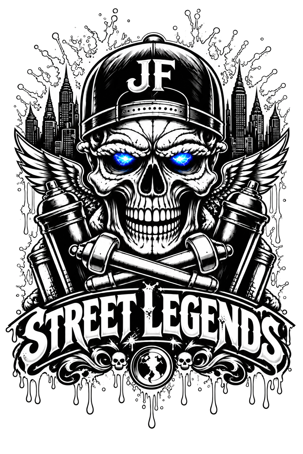 Black and white street art graphic featuring a skull wearing a baseball cap with 'JF' on it, blue glowing eyes, wings, spray cans, crossed pipes, dripping paint effects, and the text 'Street Legends' at the bottom.