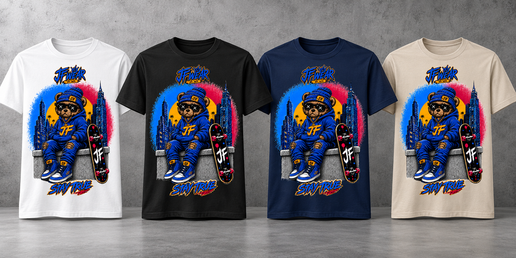 Four short-sleeve graphic T-shirts shown side by side against a gray studio background, in white, black, navy, and beige. Each shirt features a large cartoon-style blue character sitting on a skateboard with colorful circular artwork and stylized text reading 'TF PUAH' and 'STAY RAVE'.