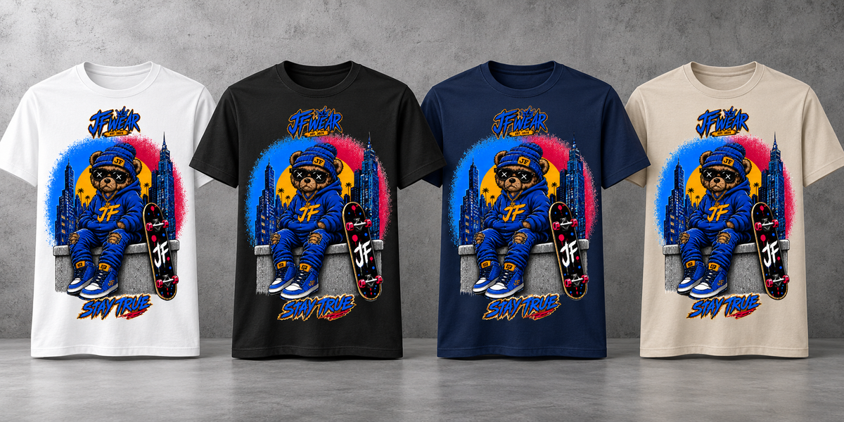Four short-sleeve graphic T-shirts shown side by side against a gray studio background, in white, black, navy, and beige. Each shirt features a large cartoon-style blue character sitting on a skateboard with colorful circular artwork and stylized text reading 'TF PUAH' and 'STAY RAVE'.