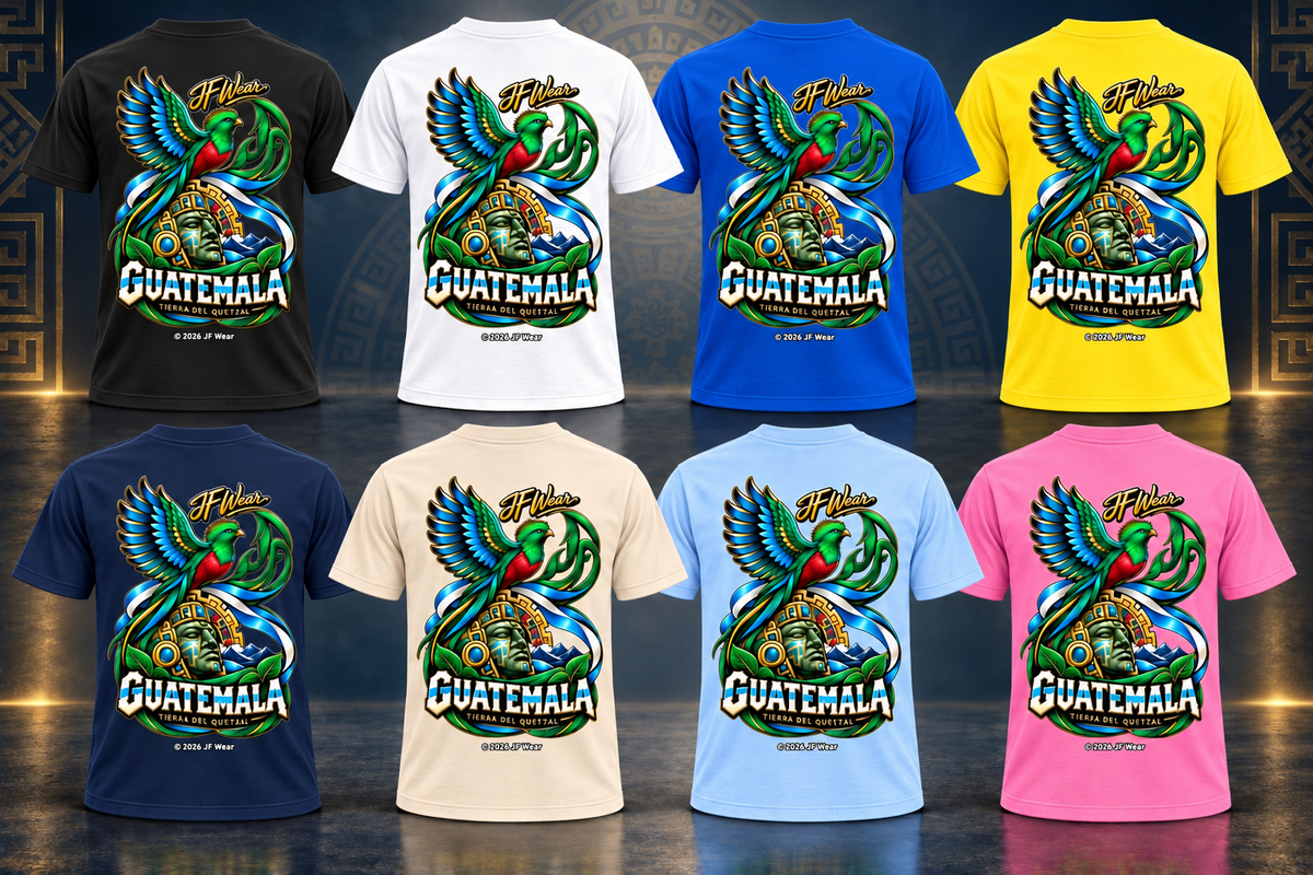 Eight short-sleeve t-shirts shown in different colors, arranged in two rows, each featuring a large back graphic of a green and blue bird with the word 'GUATEMALA' and smaller text reading 'If Mayan'.