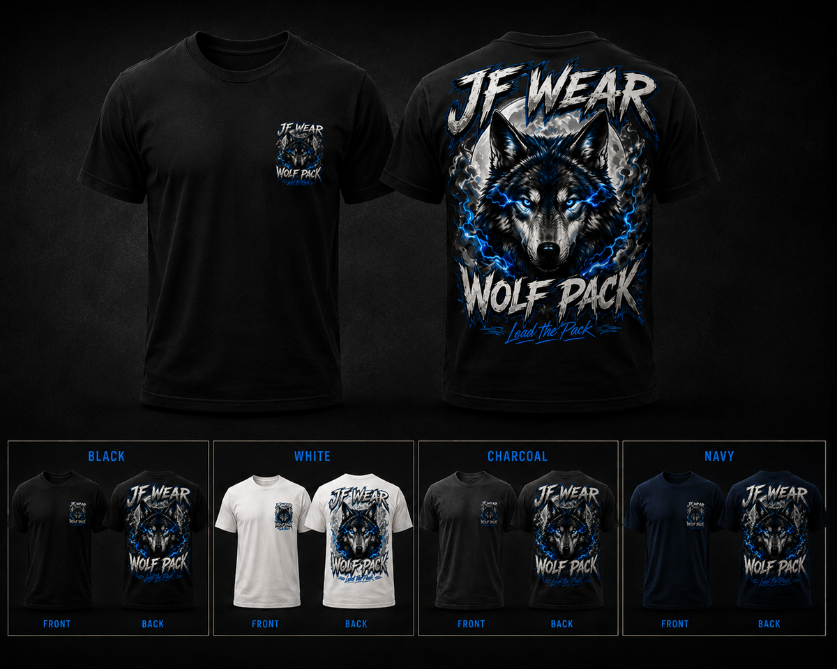 Black t-shirt with a large blue and white wolf pack graphic on the back, shown alongside a smaller front view. Below, five color options are displayed: black, white, charcoal, navy, and a dark blue, each labeled with its front and back views.